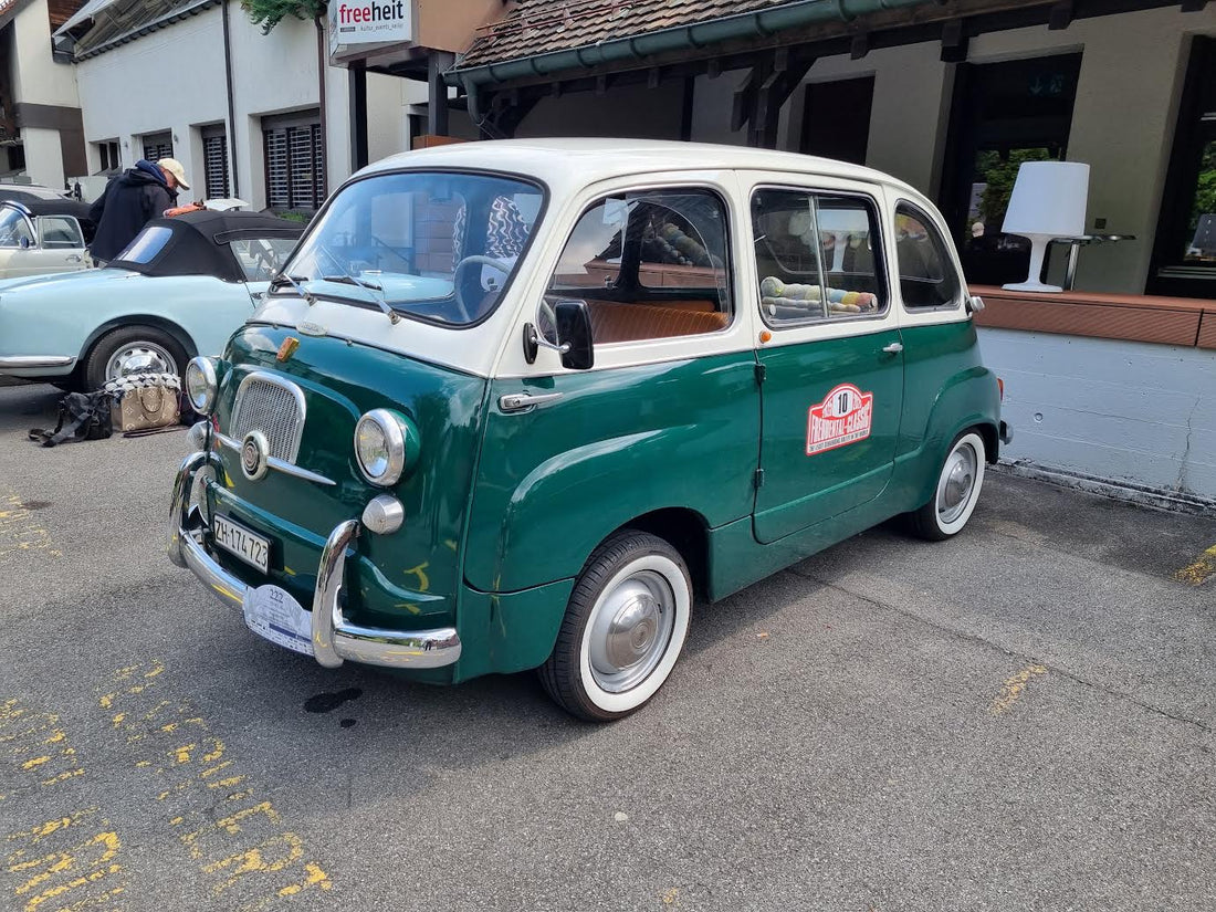A vintage Fiat 600 Multipla in green and white, photographed in Zürich — the inspiration behind the miniature car appliqué on the Paul Gerber Model 42 dial.