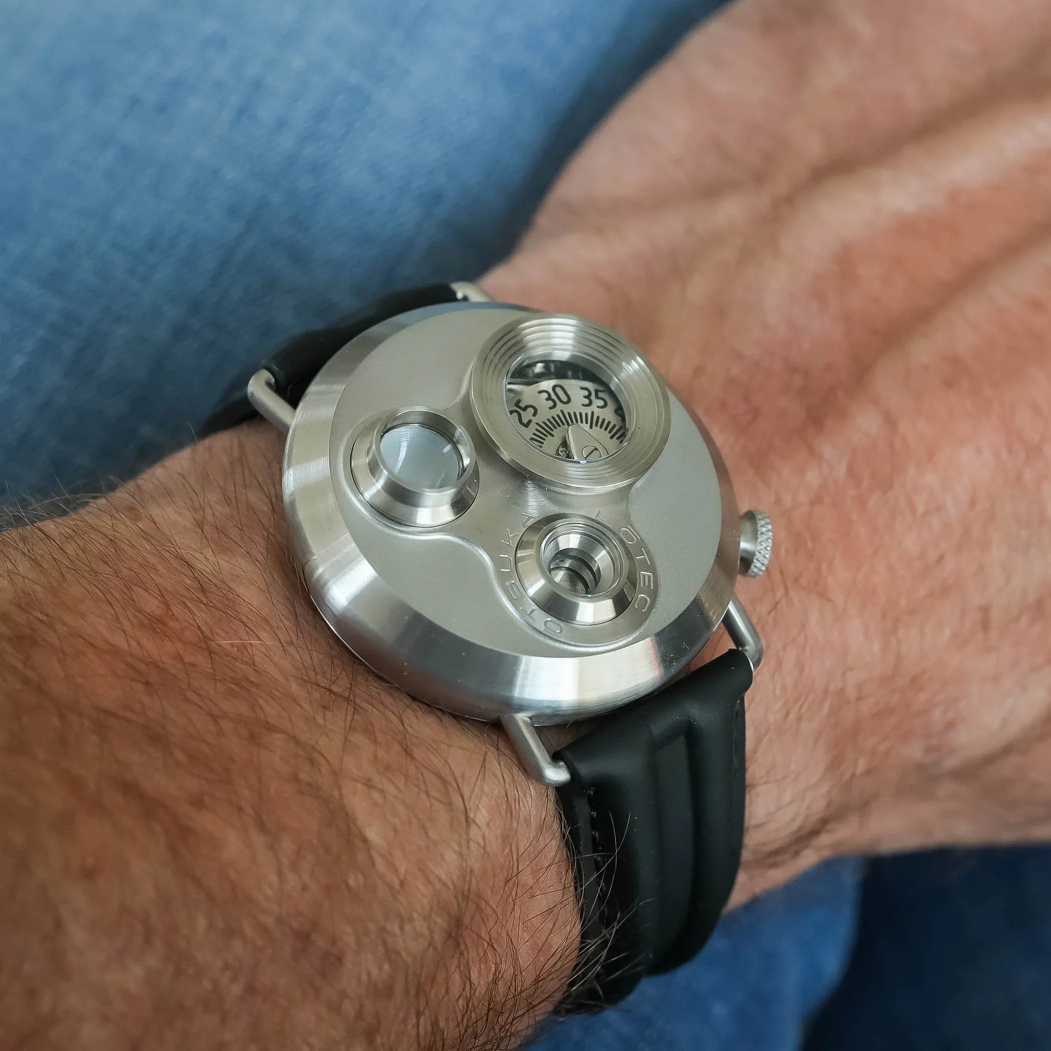 Otsuka Lōtec No. 7.5 on the wrist — jumping hour instrument panel with fisheye sapphire lenses