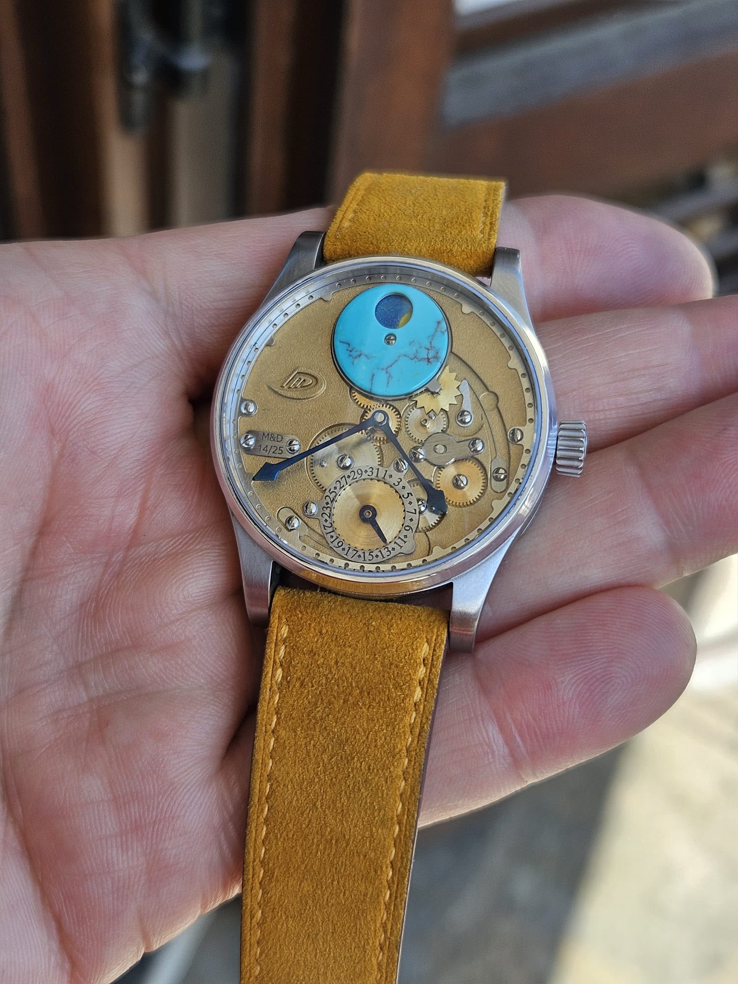 Marc & Darnò Moon Phase — dial and turquoise moon disc