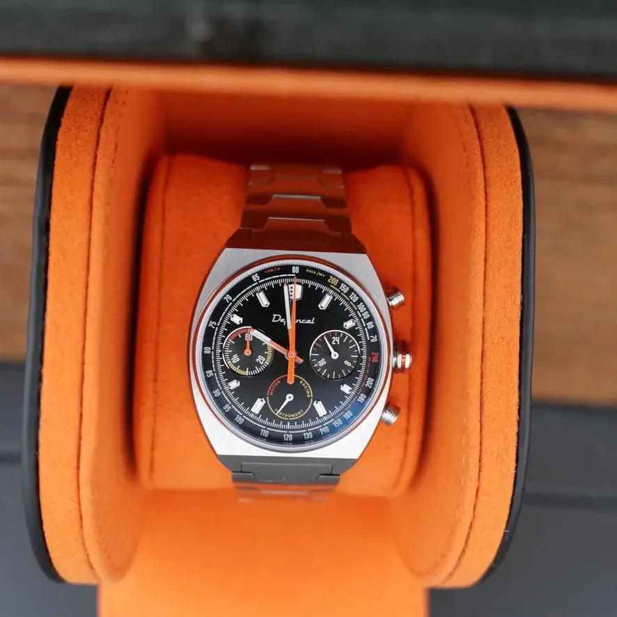 Depancel Allure Black, black dial with orange central seconds hand, straight-on