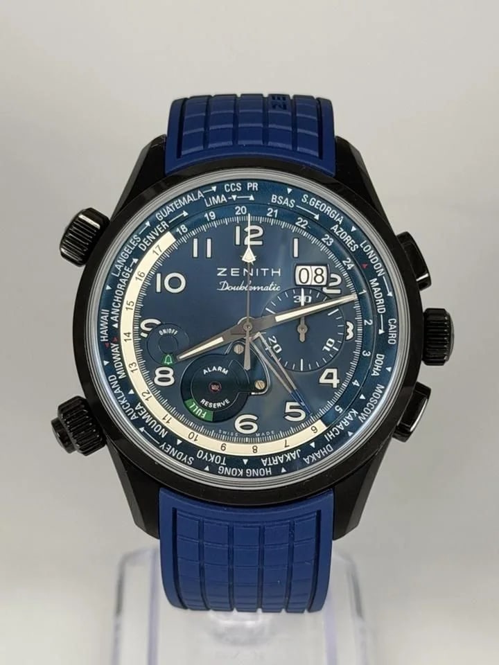 Front view of Zenith El Primero Pilot Doublematic Ref. 75.2402.4046/57.C749 with blue dial
